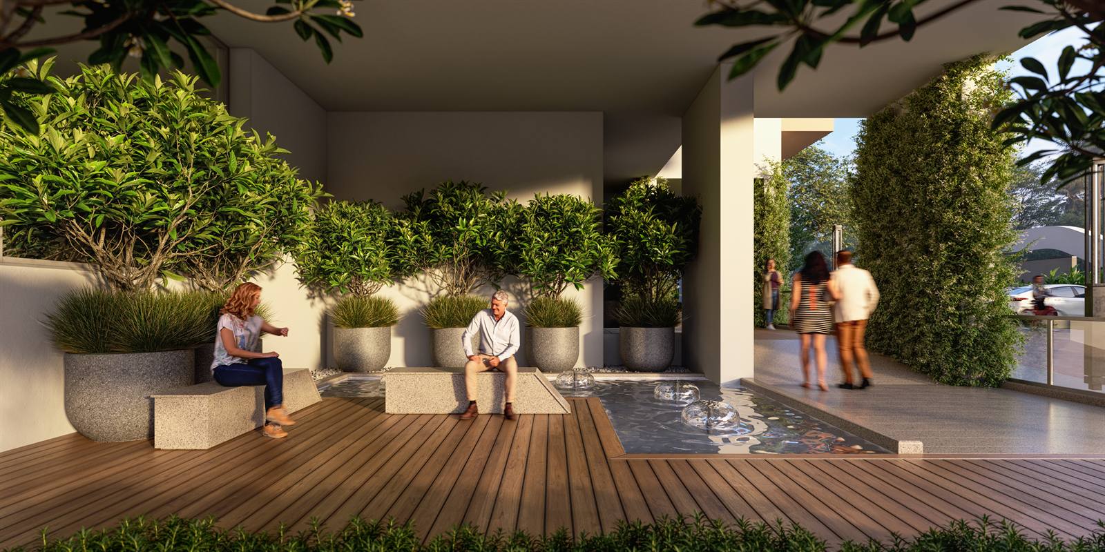 Landscaped seating area at Vertex 33 West Nallagandla